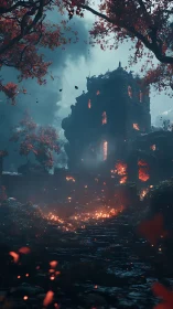 Burning Castle Engulfed in Flames Beneath Red Blossoms