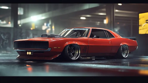 Lowered muscle car rendered in cinematic 3D lighting within garage