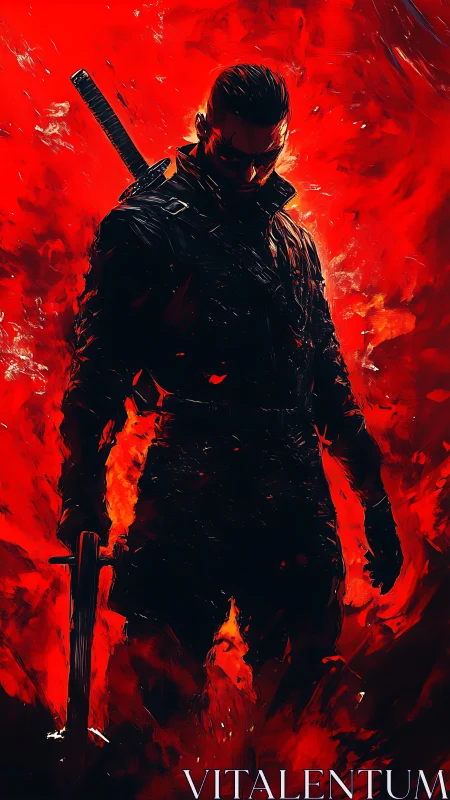 Crimson inferno warrior emerging from swirling shadows.