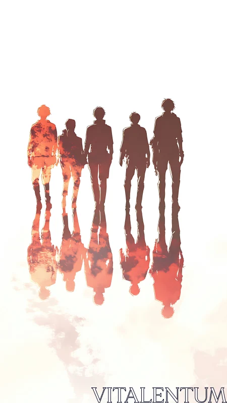 Silhouetted group with reflected figures in pale space.
