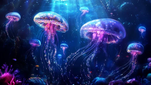Bioluminescent jellyfish drift through neon-lit abyssal reef.