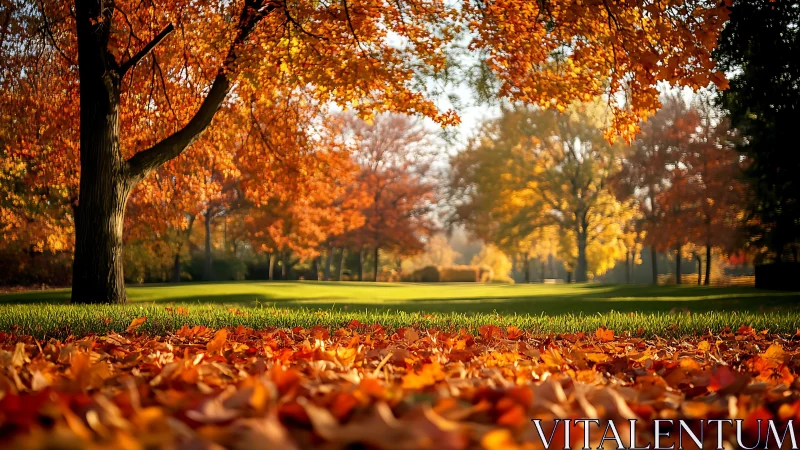 Golden autumn leaves brighten a peaceful sunlit park lawn
