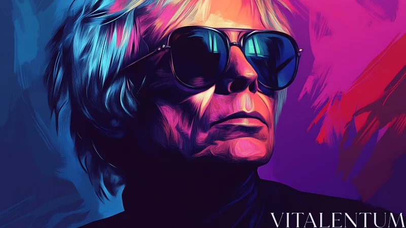 Neon-lit portrait of cool figure in reflective sunglasses.