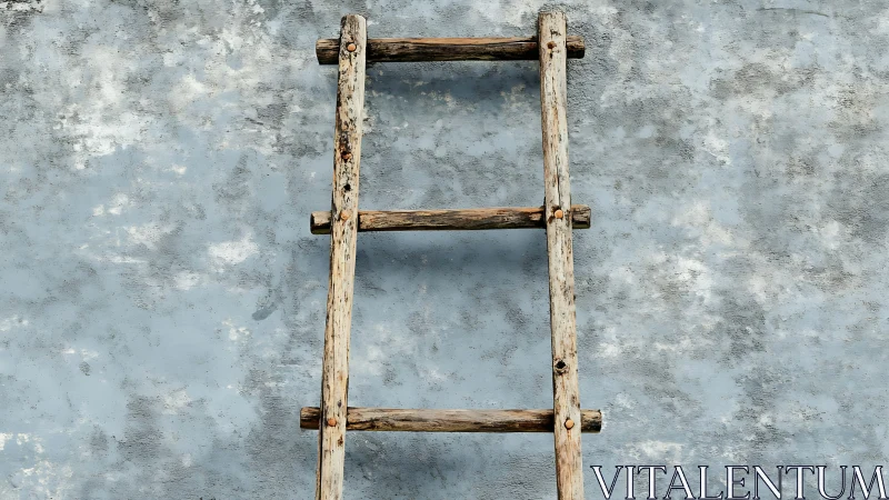 Weathered wooden ladder leaning on a calm blue wall.