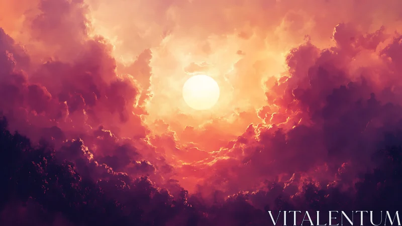 Radiant solar disc penetrates dense vermilion cumulonimbus field