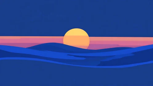 Minimal sunset over rolling blue ocean waves illustration.