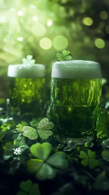 Glowing green beer with lucky shamrocks in a dreamy garden.