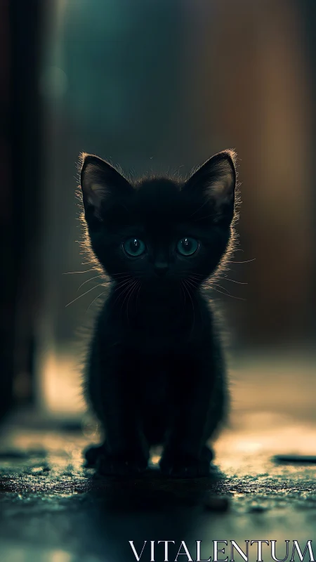 Black kitten with blue eyes positioned frontally on textured ground surface.