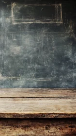 Weathered chalkboard realm above a rustic wooden counter.