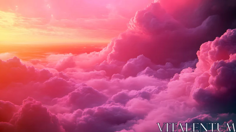 Radiant pink storm clouds glow in a tranquil fantasy sky