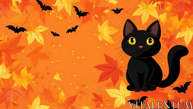 Black Cat and Autumn Foliage: Digital Illustration with Halloween Elements.