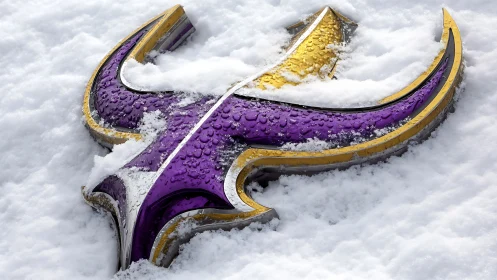 Purple and gold trident emblem lies frosted in fresh snow.