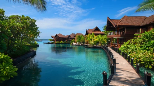Overwater bungalows with tropical lagoon and wooden boardwalk.