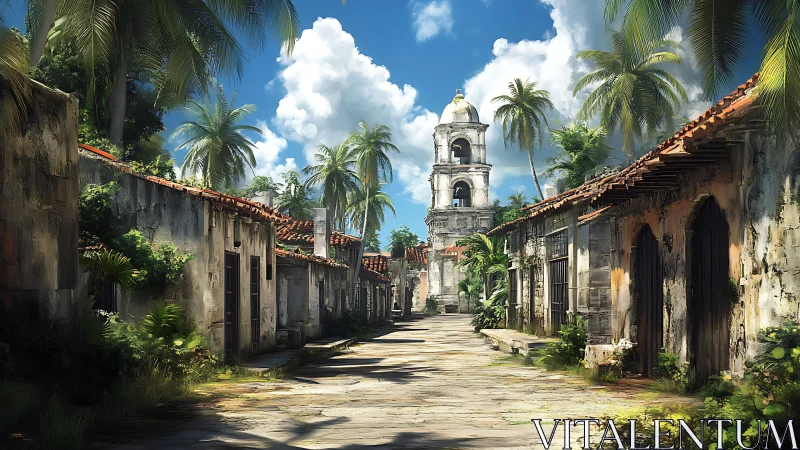 Sunlit colonial street with weathered bell tower glow.