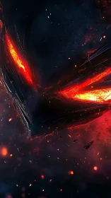 Volcanic mech visor with incandescence and ablative sparks.