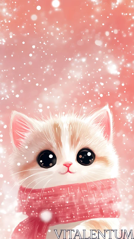 Fluffy White Kitten in Pink Scarf, Sparkling Winter Background
