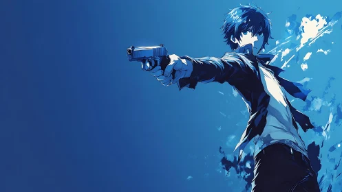 Blue-haired anime gunman extends pistol in dynamic aim