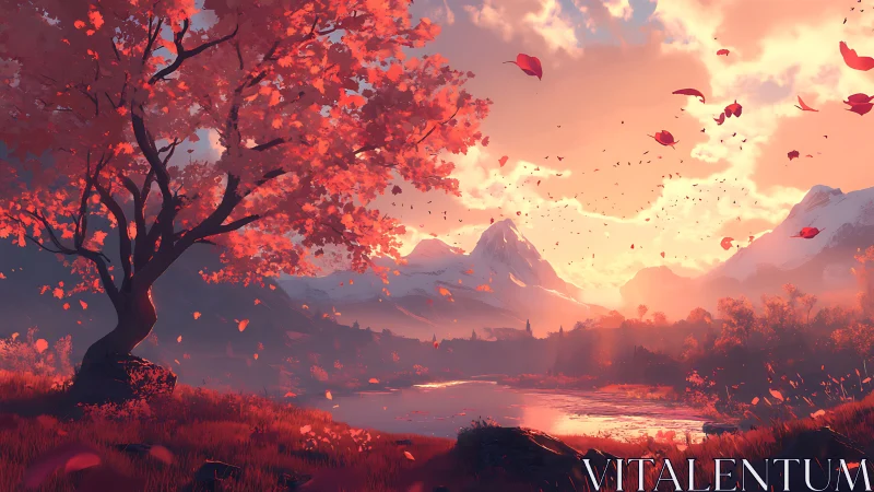 Crimson autumn tree overlooks distant sunlit mountain lake