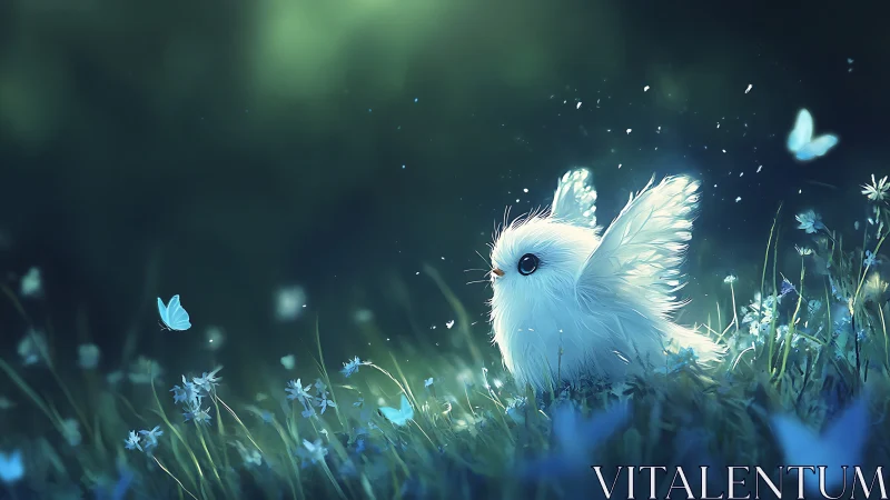 Fluffy meadow sprite greets twilight butterflies in hushlight.