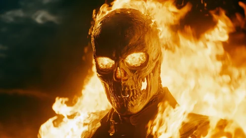 Flaming skull figure emerging from intense surrounding fire.
