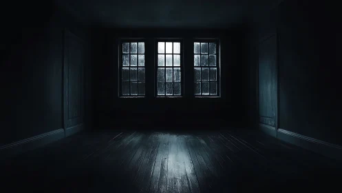 Dark empty room with rain-streaked windows evokes quiet dread.