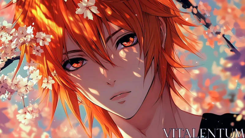 Male anime portrait with orange hair among blossoms.