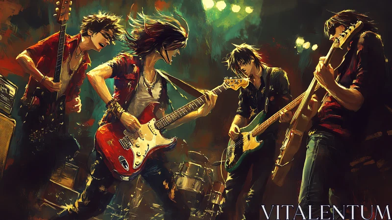 Dynamic rock band performance rendered in high-energy digital brushwork