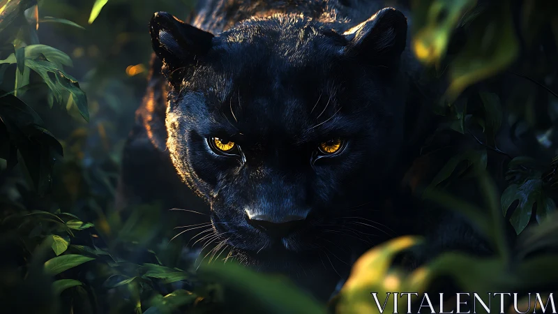 Black Panther Prowling Through Dense Jungle Foliage
