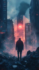 Lone wanderer crossing ember-choked cyberpunk ruins.