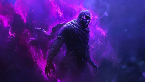 Voidwalker in violet flames stalks the neon-dark horizon.