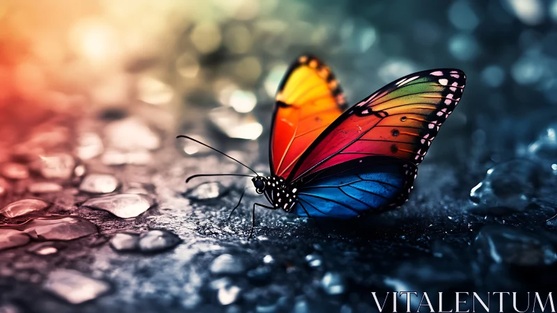 Radiant rainbow butterfly rests softly on shimmering ground