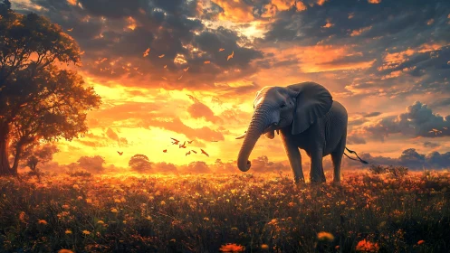Elephant strides through saturated sunset savanna with volumetric light