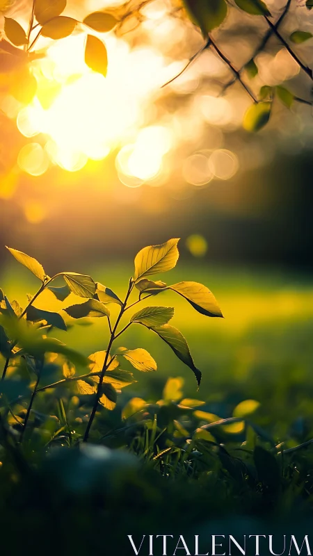 Golden evening sunlight gently warming fresh green leaves