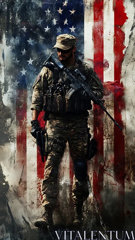 Armored modern soldier stands before distressed US flag backdrop
