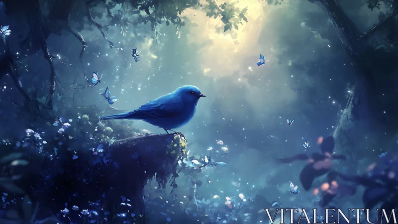 Moonlit bluebird council amid whispering forest glow.