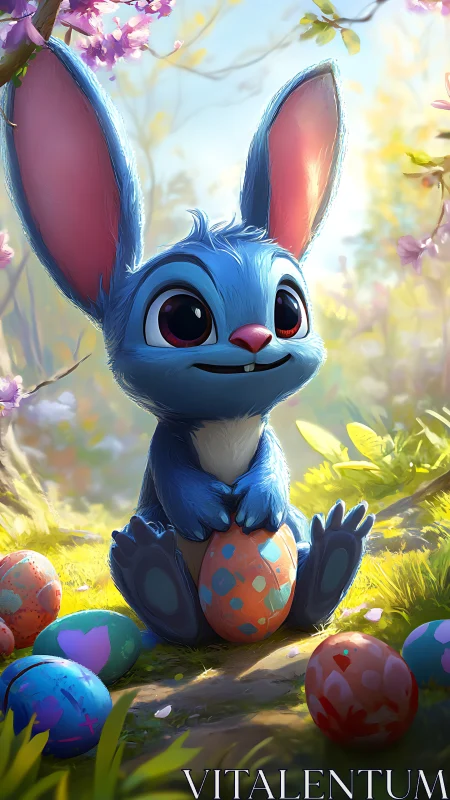 Playful blue bunny guarding pastel Easter eggs in spring.