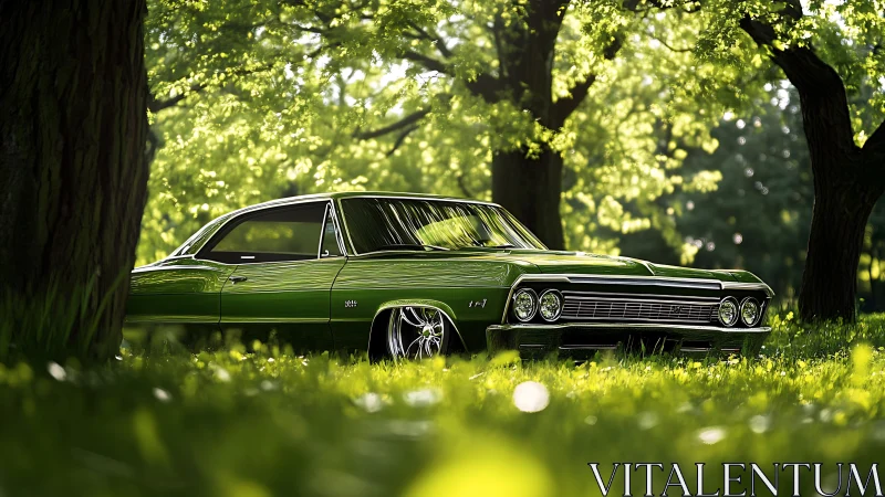 Green classic car resting beneath a bright summer canopy.