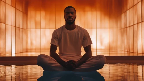 Meditating man in warm geometric room above still water.