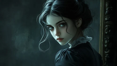 Dark-haired young woman in moody Victorian portrait.