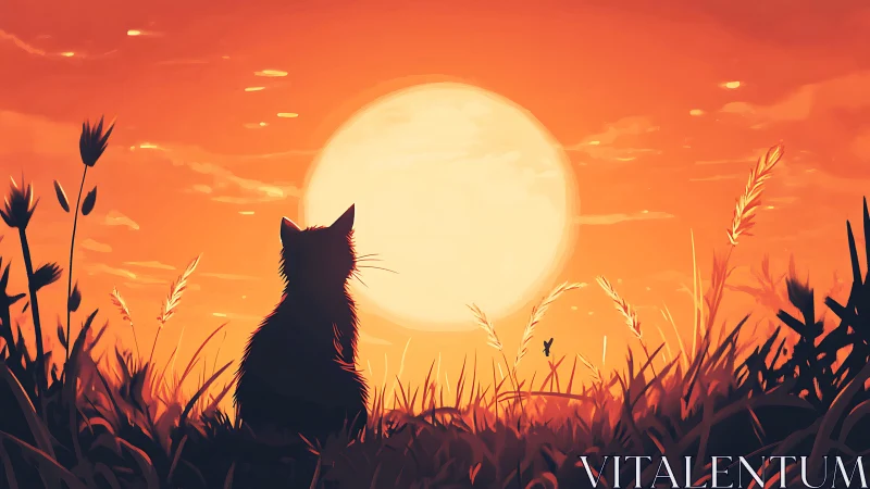 Backlit cat silhouette observing oversized stylized sunset disk