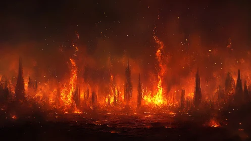 Inferno cityscape engulfed by towering flames and chaos