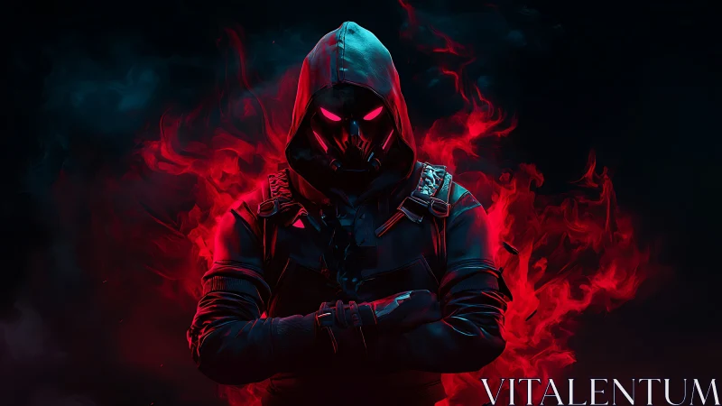 Hooded cyber assassin rises through neon crimson flames.