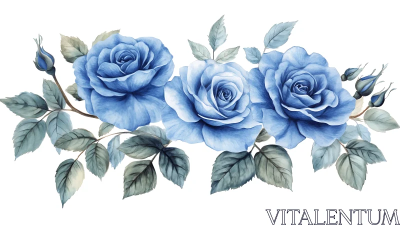 Chromatic Cerulean Rose Composition: Botanical Watercolor Study.