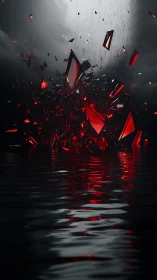 Crimson shards erupt over black water in stormlit darkness.