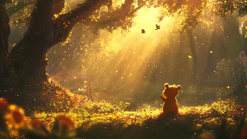 Small bear figure in sunlit forest clearing at dawn.
