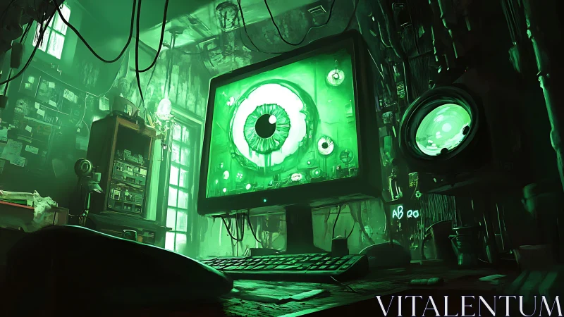 Green surveillance eye dominates cluttered digital workstation