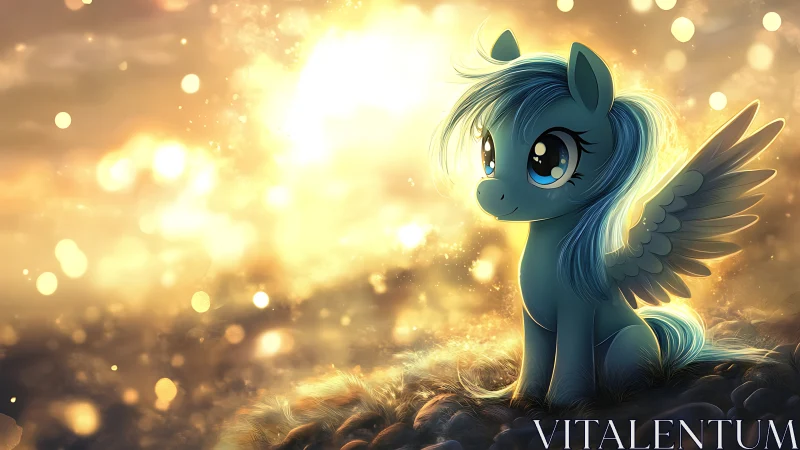 Winged blue pony sits in glowing golden sunset field