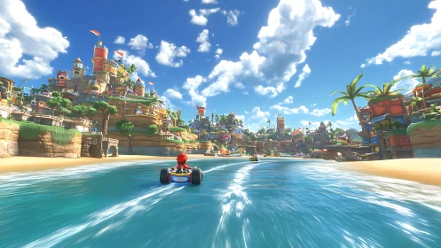 Racing Video Game Beach Course with Tropical Architecture