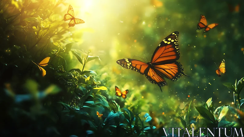 Monarch butterflies drift through glowing forest light