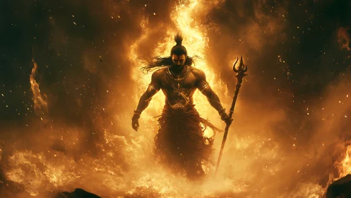 Fire god warrior strides through inferno with blazing trident.